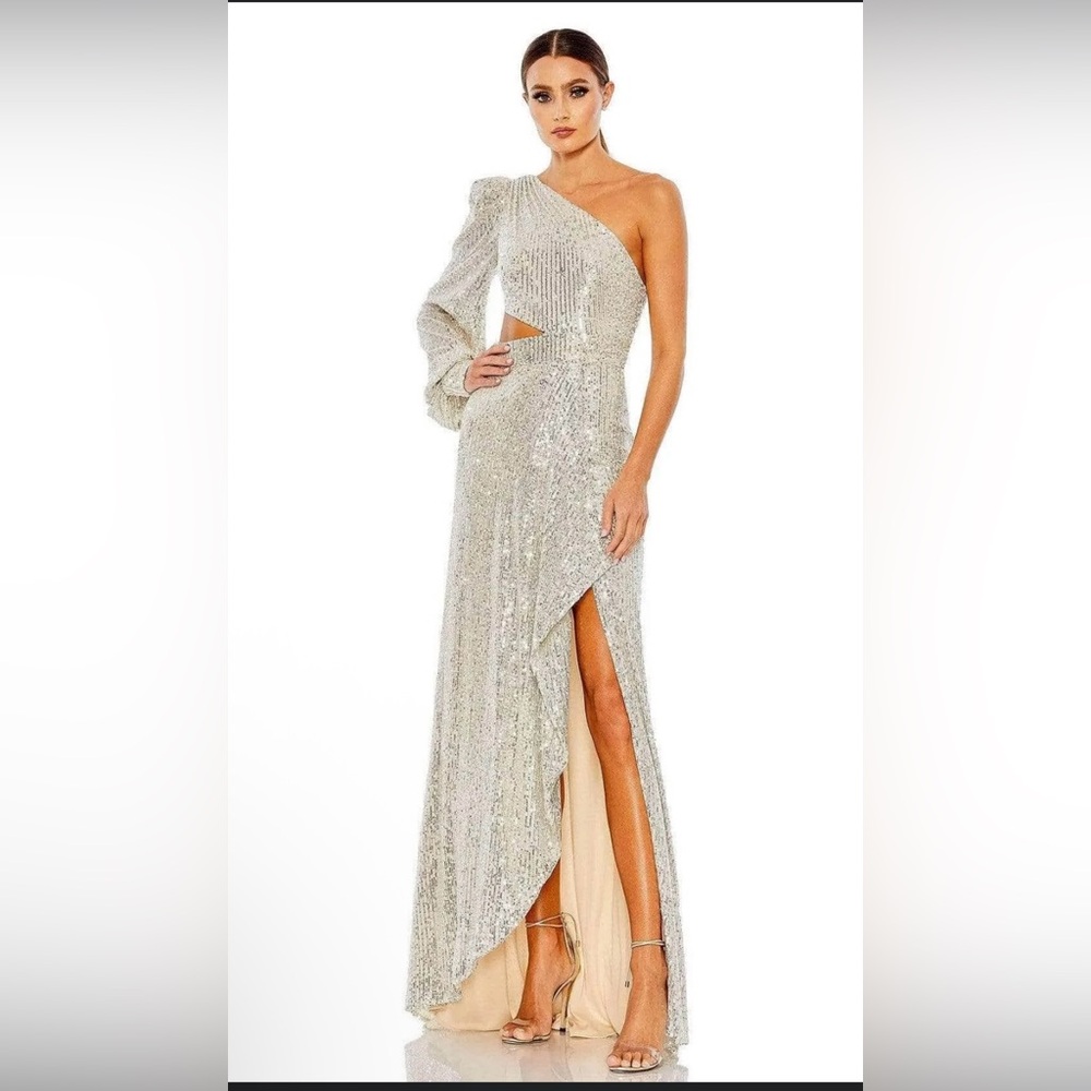 Mac Duggal # 26730 Ieena Silver Sequin One-Shoulder Gown